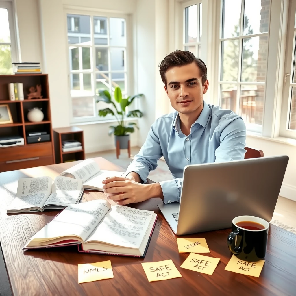 Aspiring mortgage broker deeply engaged in studying for licensing exam at home office