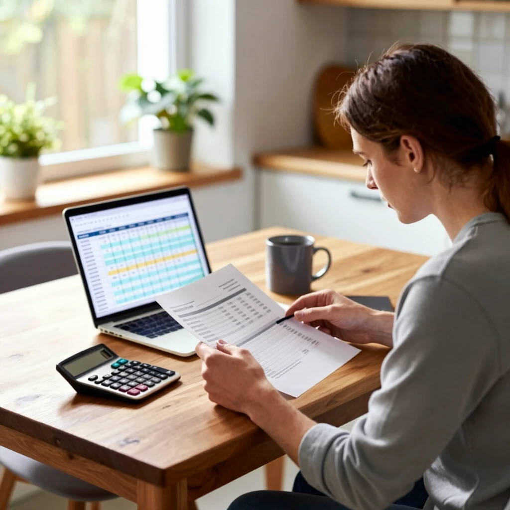 Young person budgeting finances at home for first-time homebuying