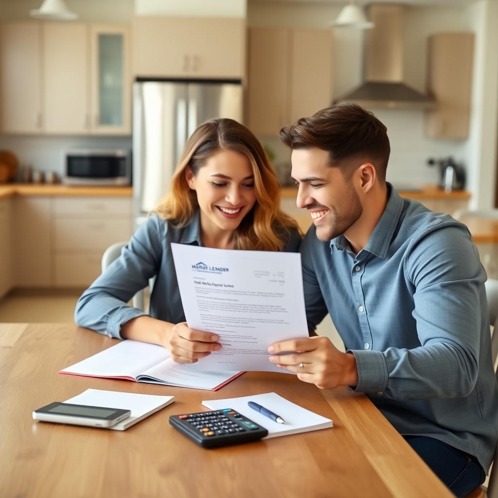 Couple reviewing mortgage approval letter in a modern kitchen