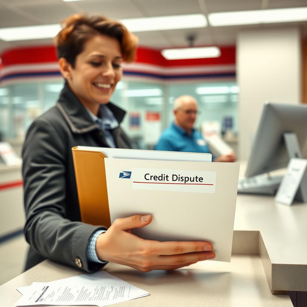 Person mailing a credit dispute letter at a post office