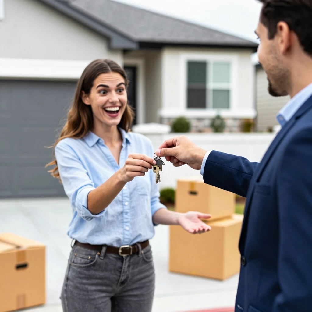 First-time homebuyer receiving keys to new home after closing