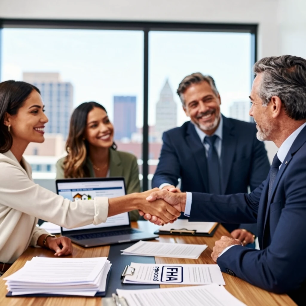 Real estate agent and buyers finalizing an FHA mortgage application