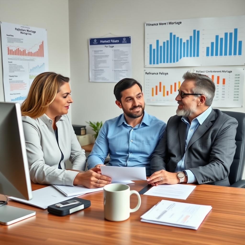 Financial advisor and homeowner discussing refinance options in an office