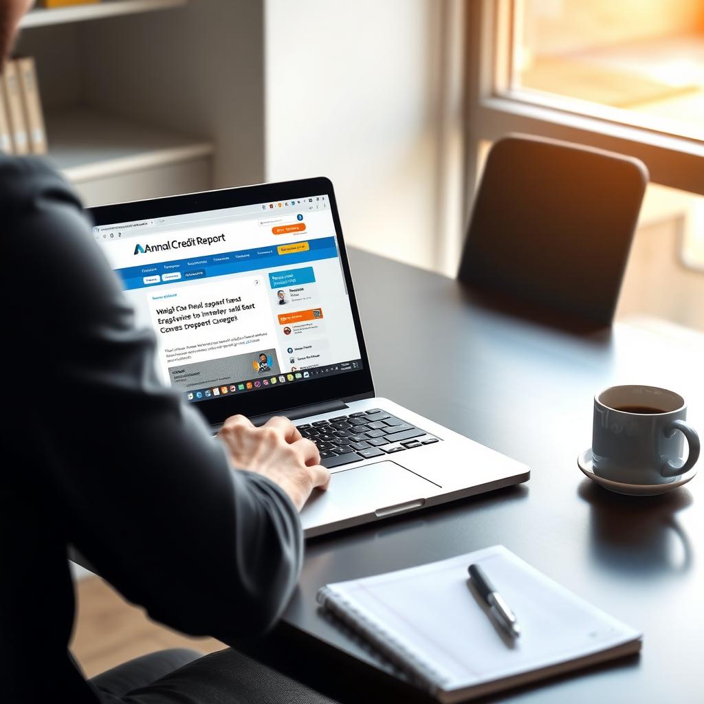 Person reviewing credit report on laptop at a tidy desk with coffee and notepad