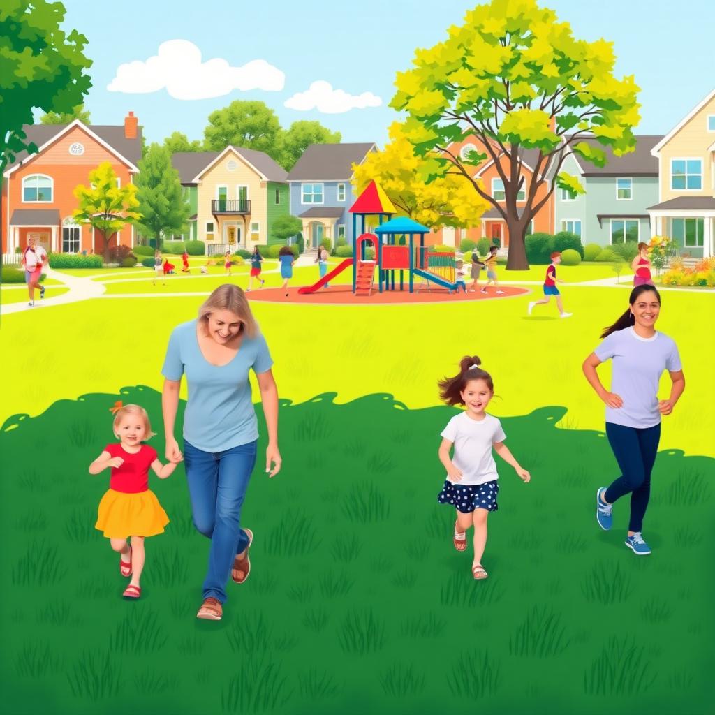 Family walking in a vibrant neighborhood park with a playground and joggers.