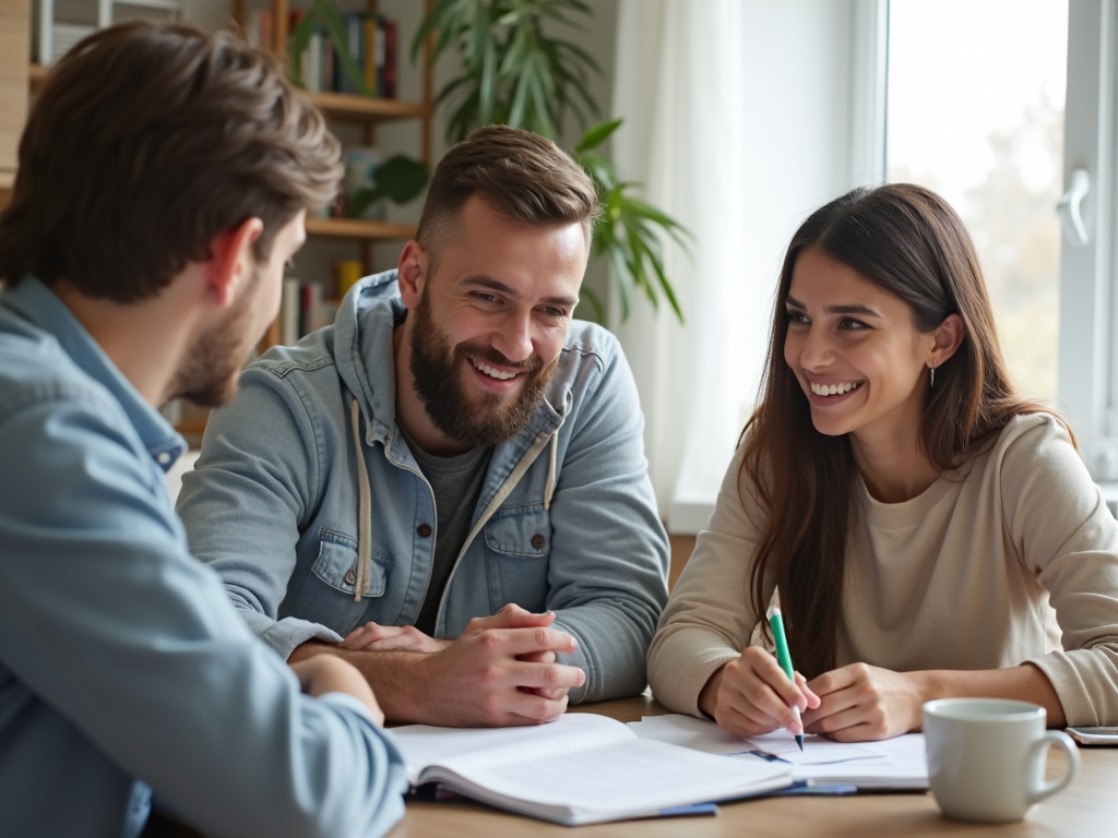 First-time homebuyers consulting with a mortgage lender.