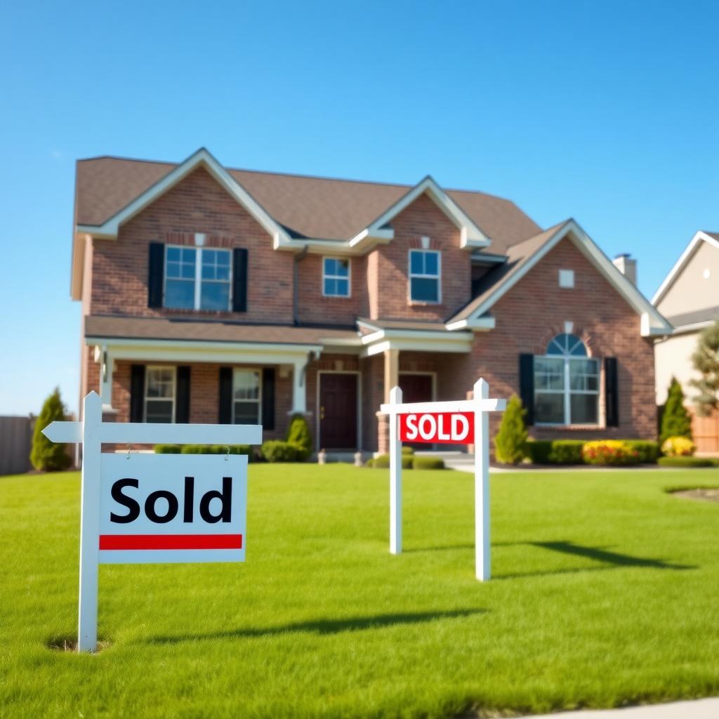 Suburban house with a 'Sold' sign in the front yard