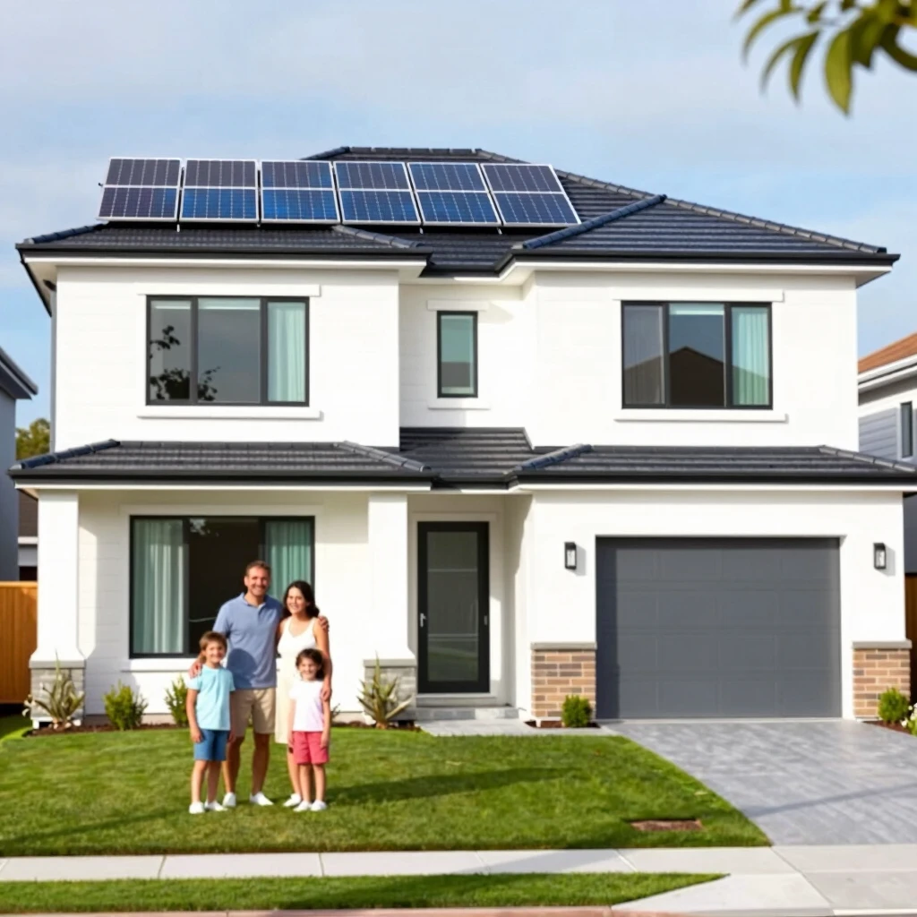 Modern energy-efficient home with solar panels and family outside