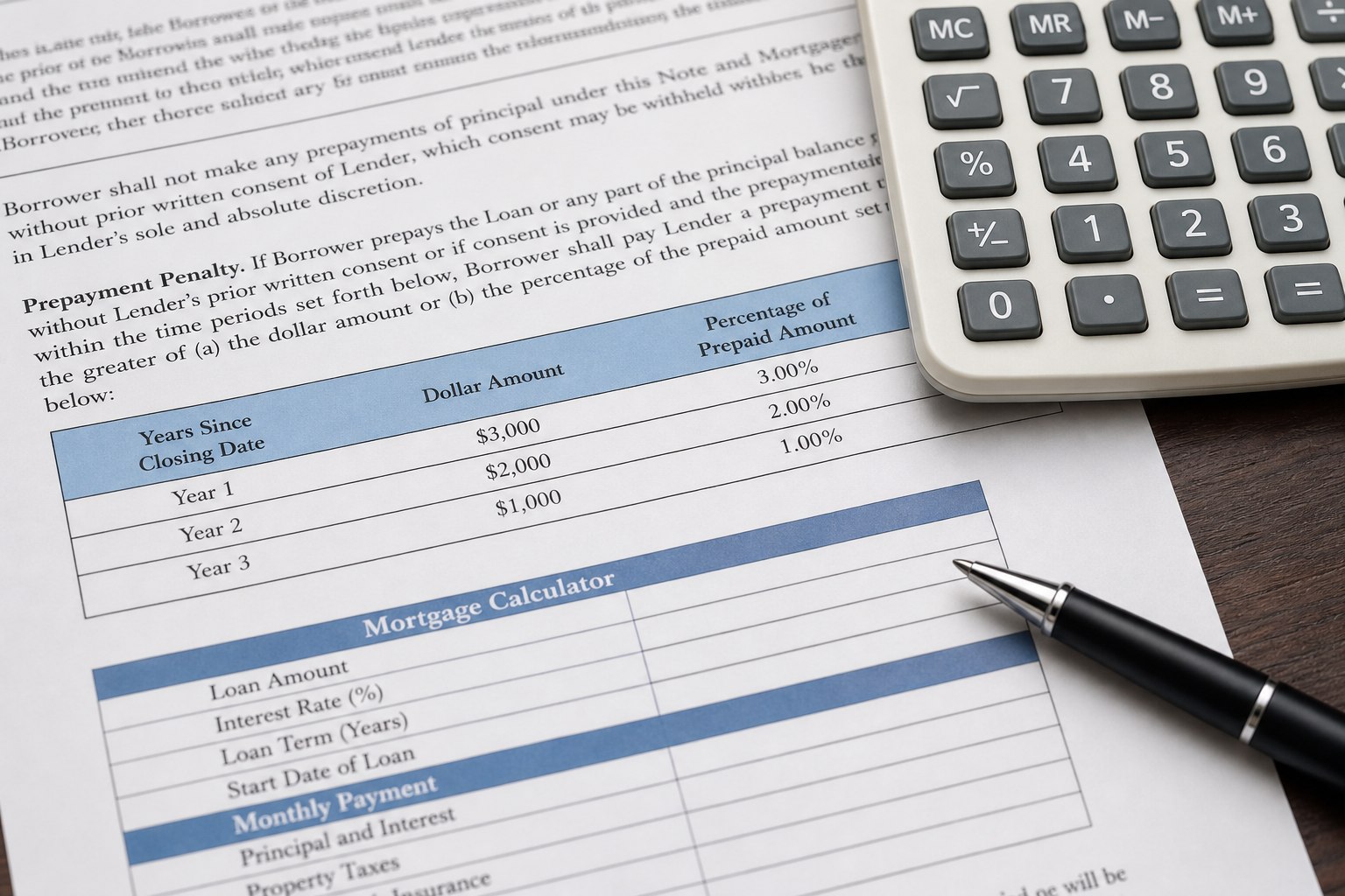 Close-up of a mortgage document showing prepayment penalty and mortgage calculator