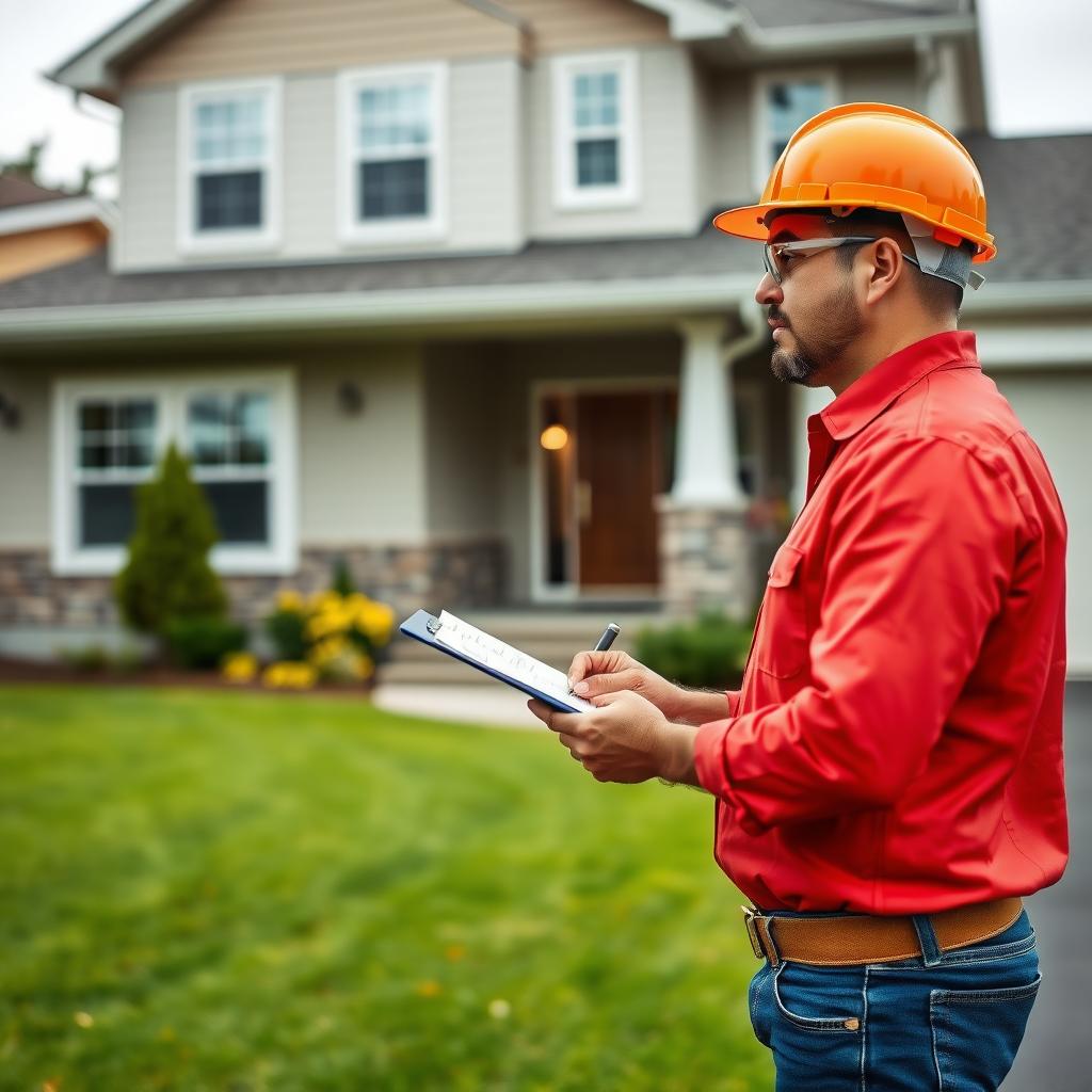 Home appraiser inspecting the exterior of a suburban house.