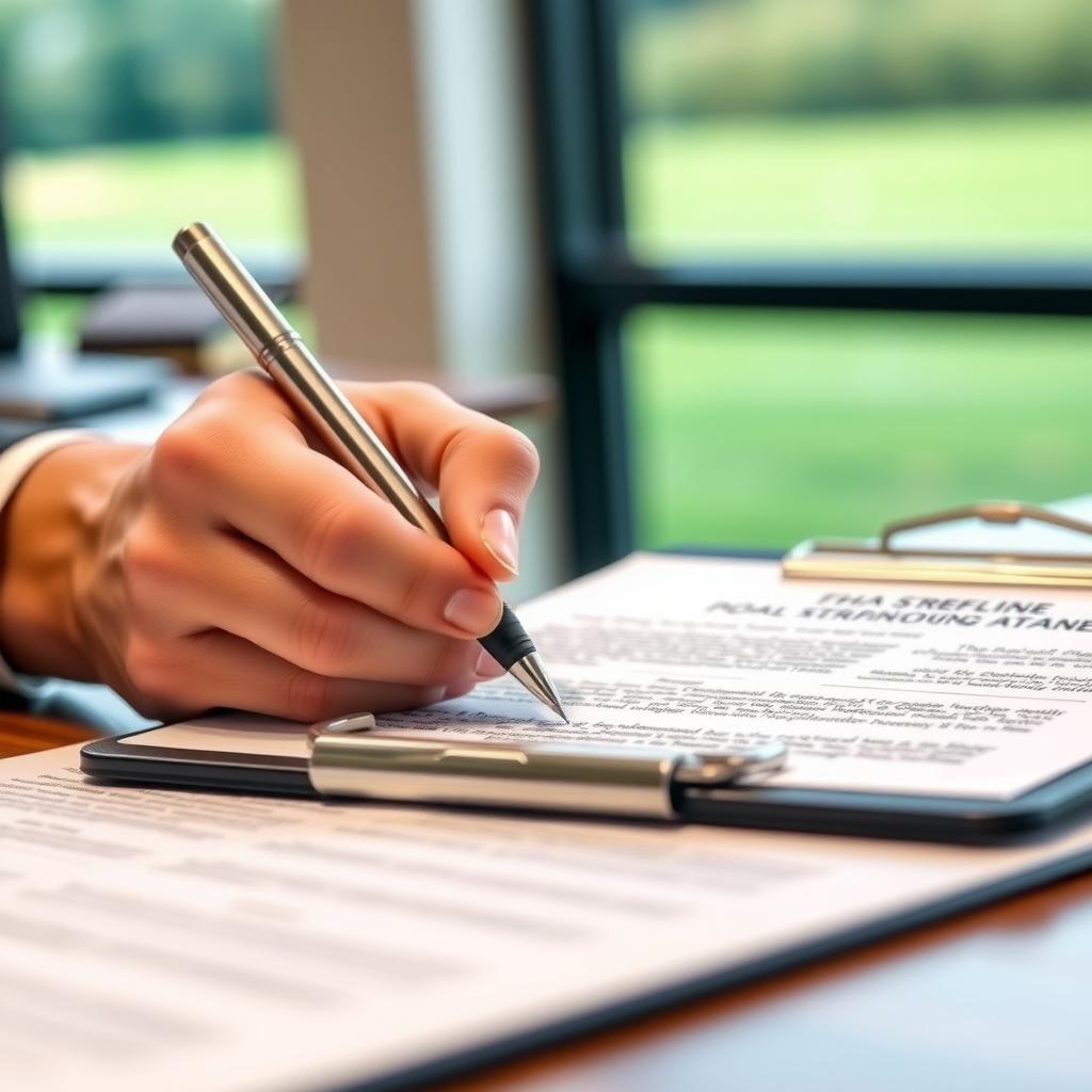 Hand signing FHA Streamline Refinance documents in a professional office setting.