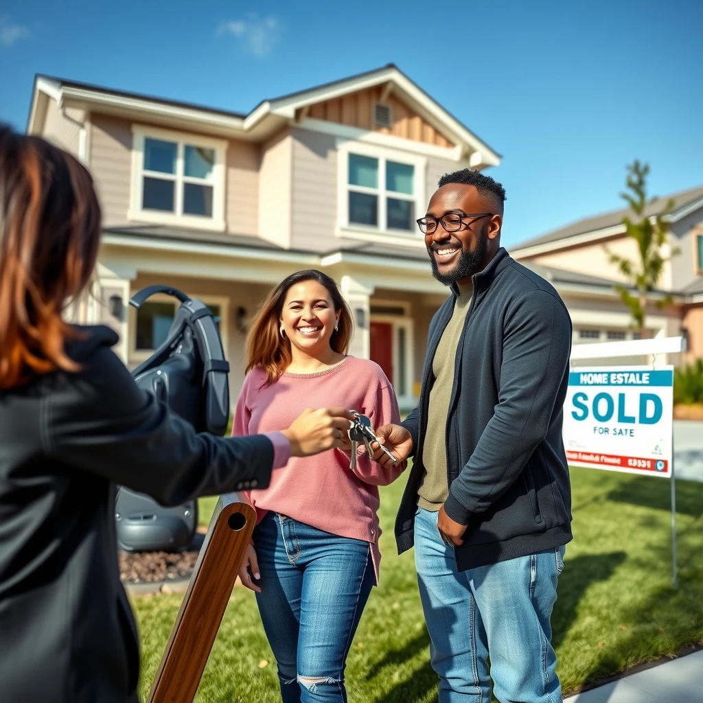 Happy couple receiving keys to their new home from real estate agent