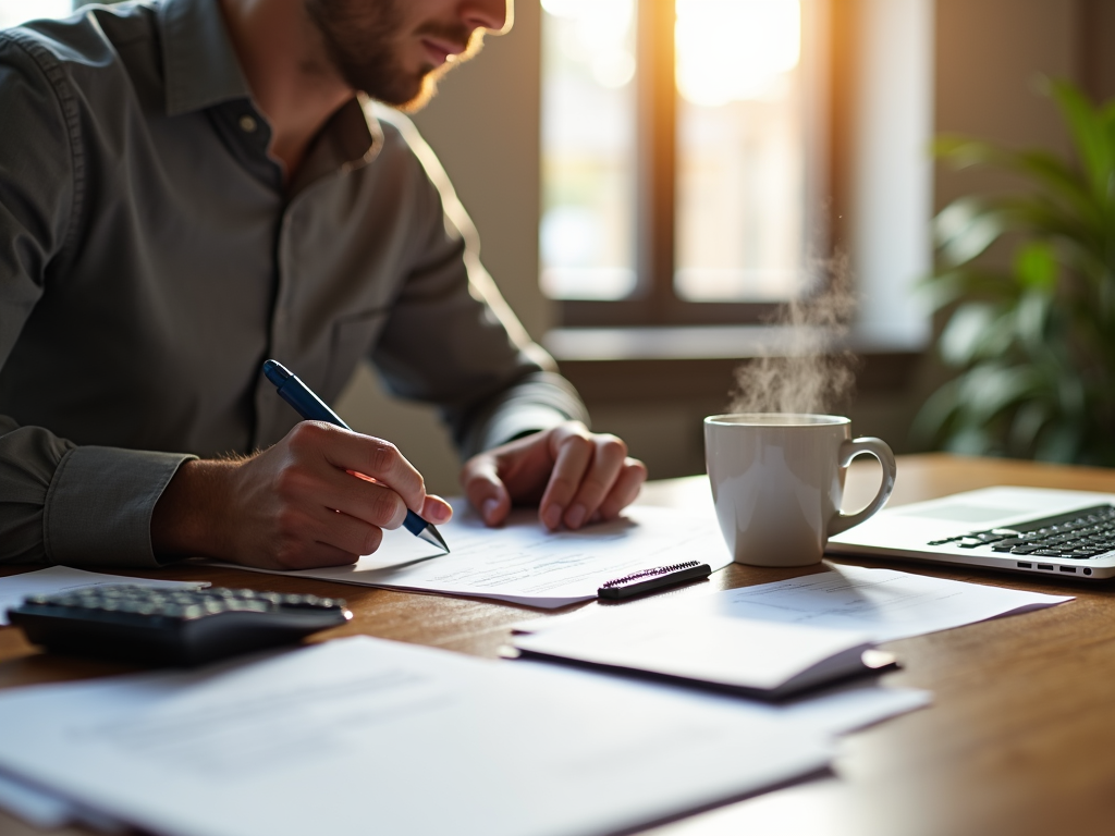 Person completing a mortgage application at a busy desk.