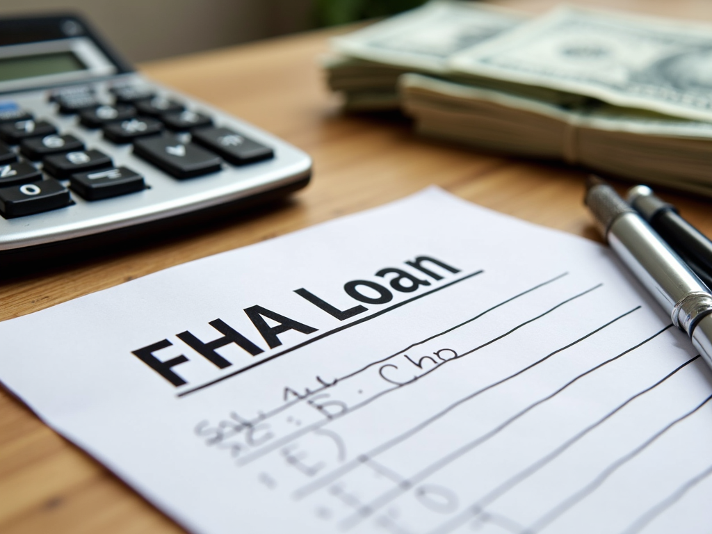 Desk with calculator, bills, and budget notebook for FHA loan planning.