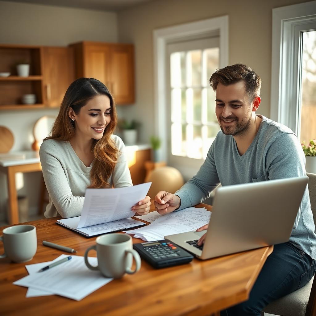 Young couple reviewing mortgage documents at a kitchen table