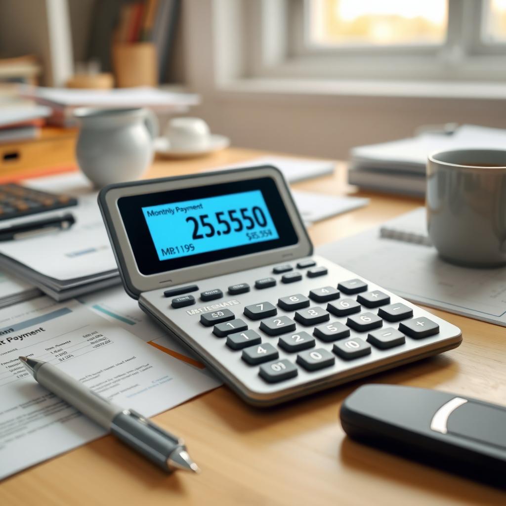 Mortgage calculator on a desk with financial documents in a home office