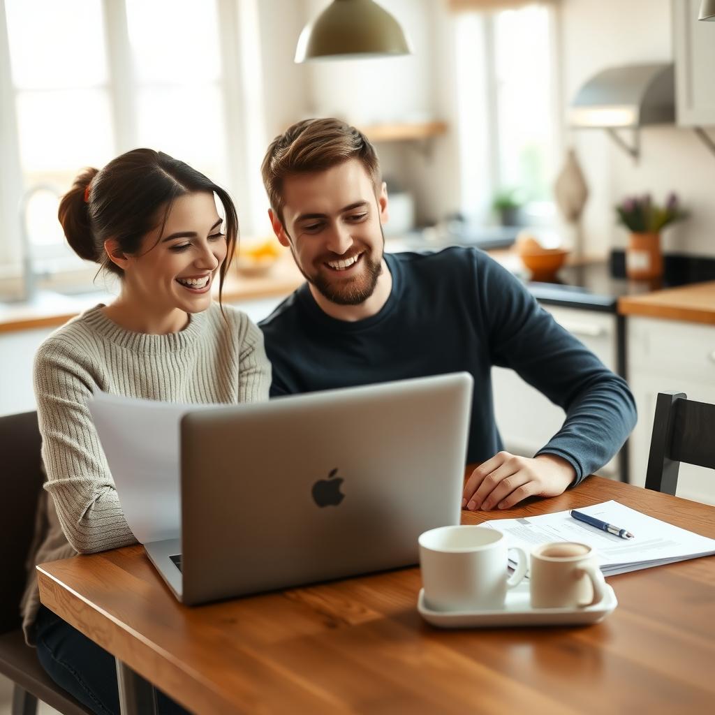 Young couple reviewing homebuyer program documents in a cozy kitchen