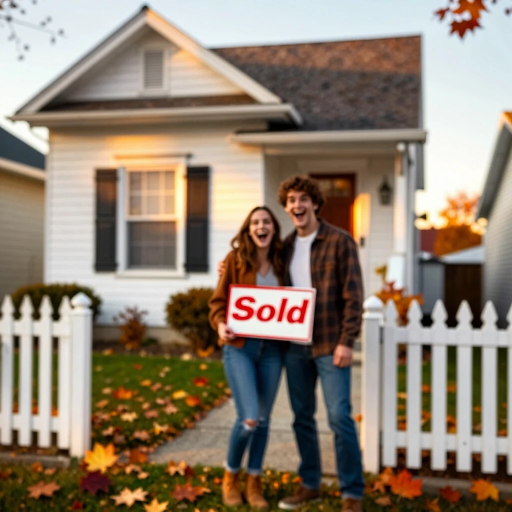 Excited young couple in front of their new home