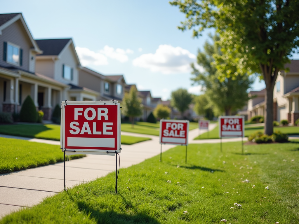 Suburban street with ‘For Sale’ signs on green lawns, featuring homes affordable under FHA loan limits.
