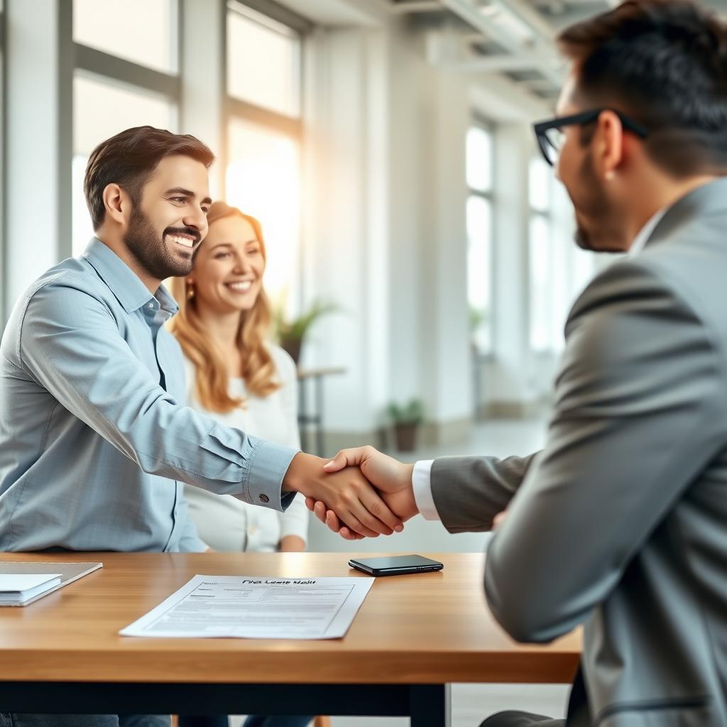 A couple finalizing an FHA refinance deal with a broker in a modern office.
