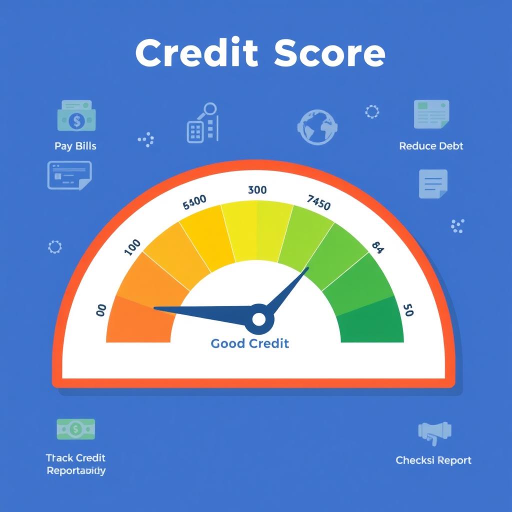 Infographic of credit score gauge at 740 with financial icons