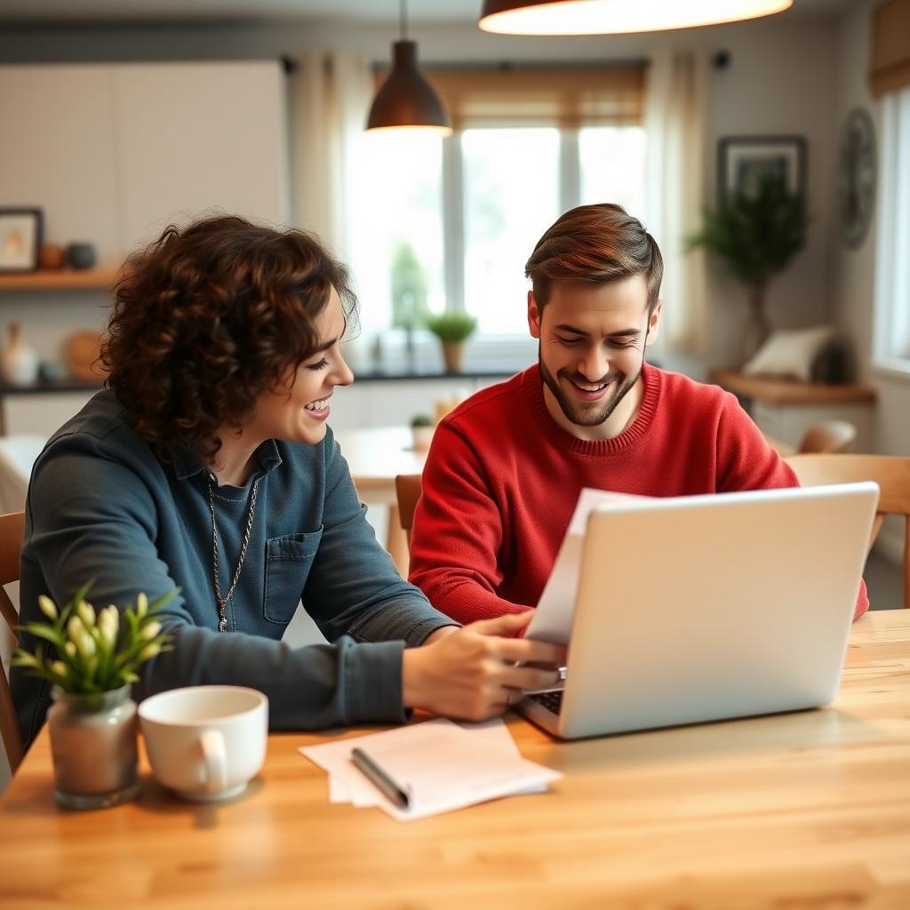 Couple reviewing mortgage documents at a kitchen table