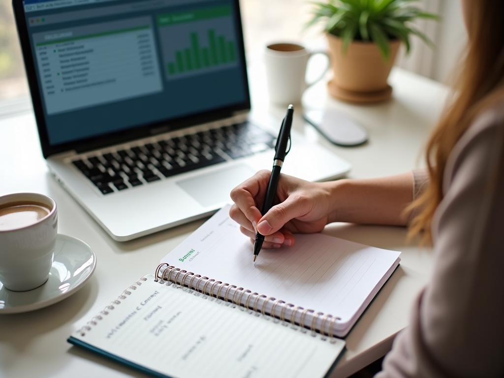 Person budgeting with notebook and laptop