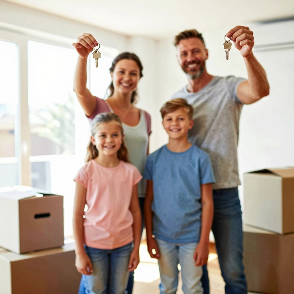 Family celebrating moving into their first home