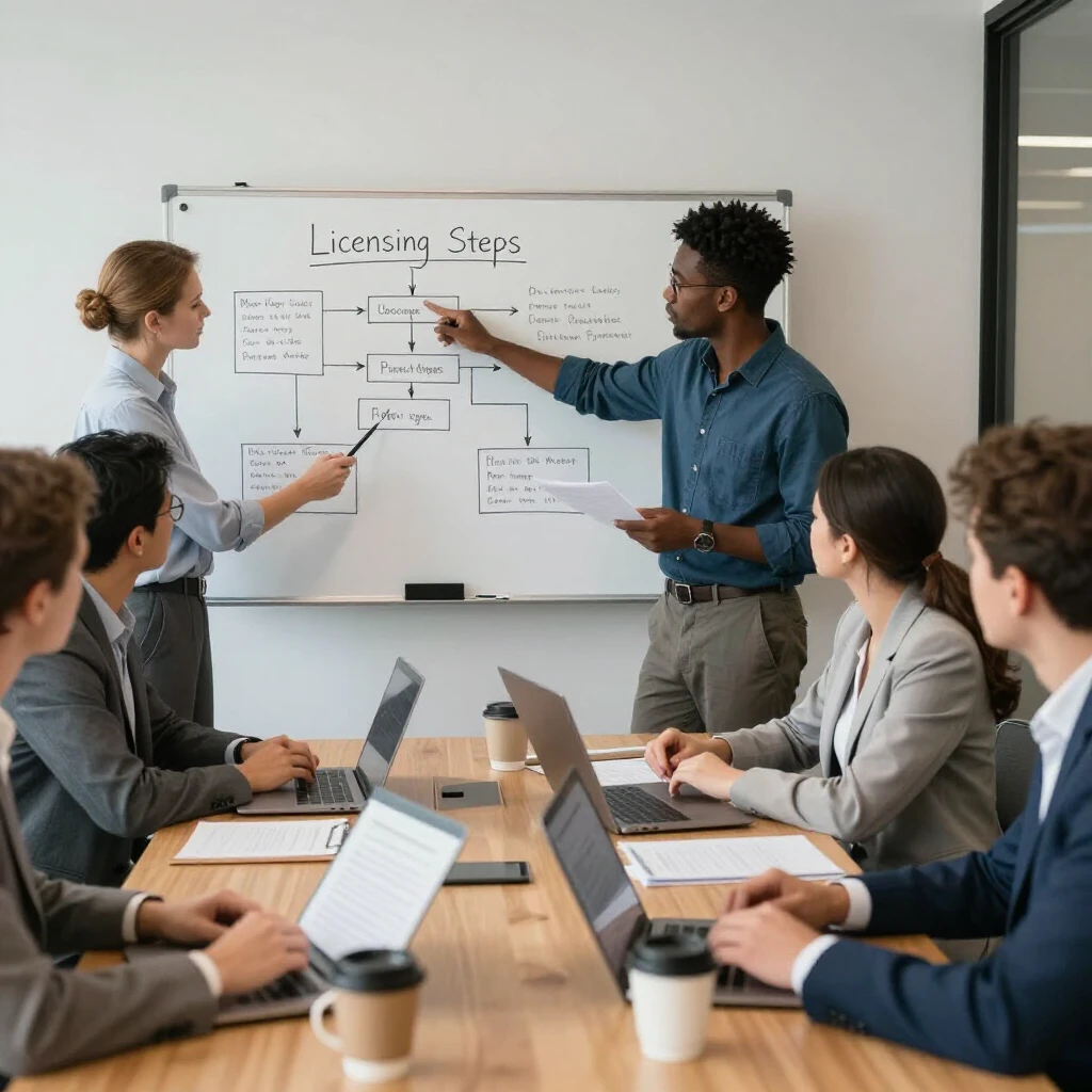 Team of mortgage brokers collaborating on licensing qualifications and certifications