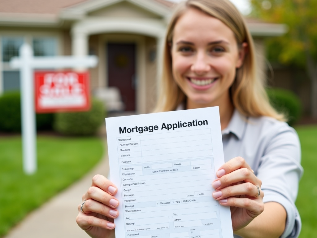 Person with mortgage application and sold sign