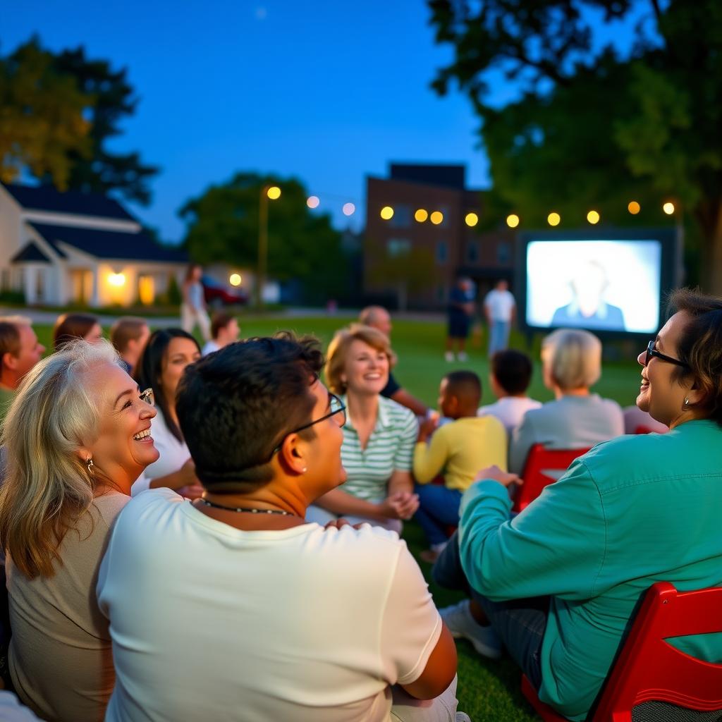 A neighborhood enjoying a community movie night in a park.