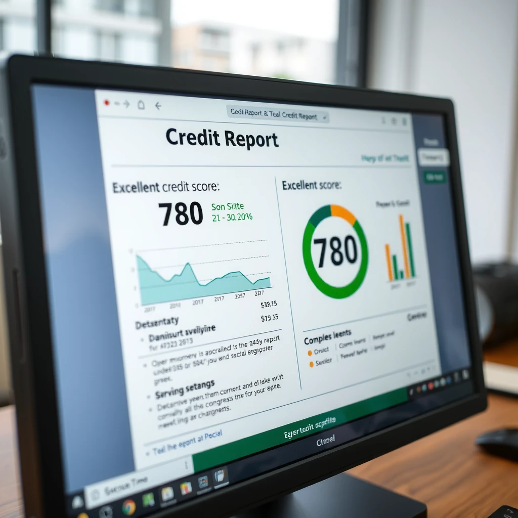 Computer screen displaying excellent credit score of 780 on a credit report