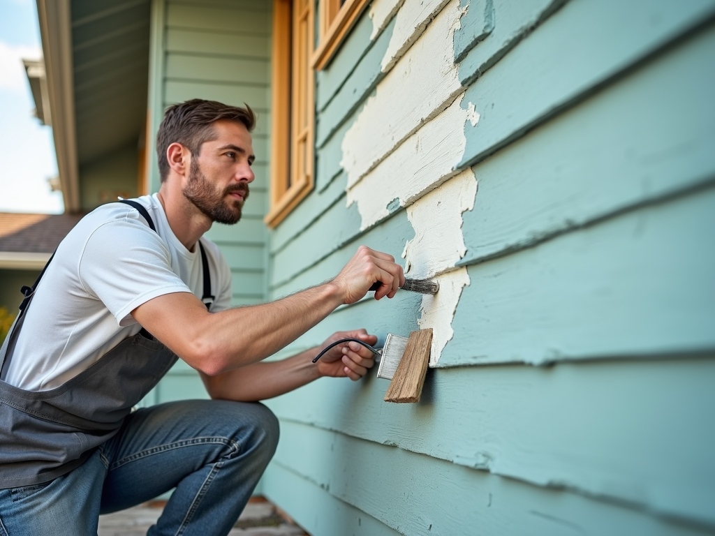 Homeowner painting house exterior.