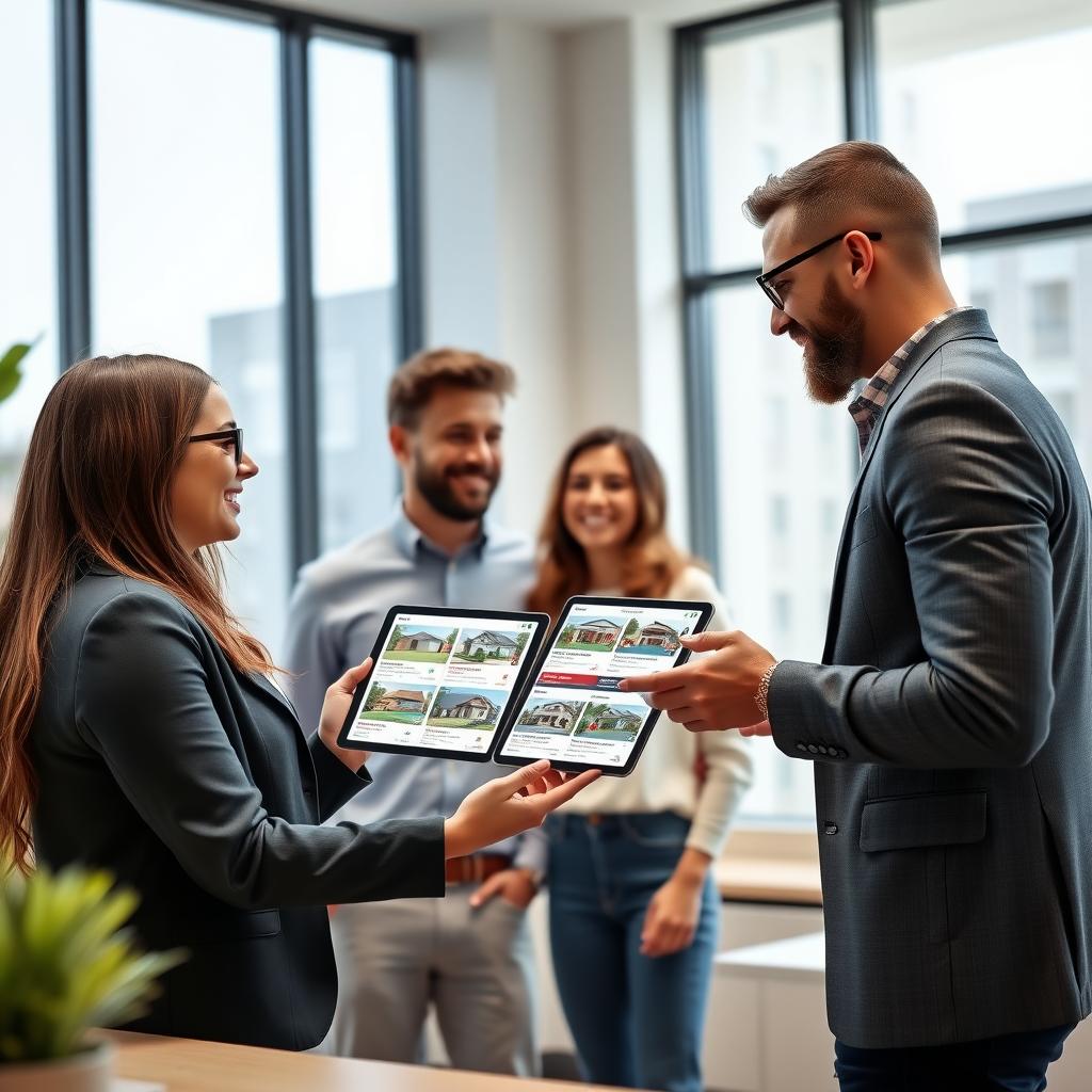Real estate agent showing a couple house listings on a tablet in a bright office.