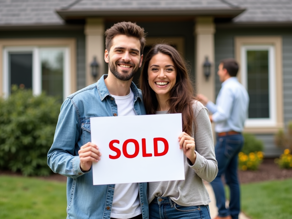 Couple celebrating their FHA mortgage home purchase with their agent.