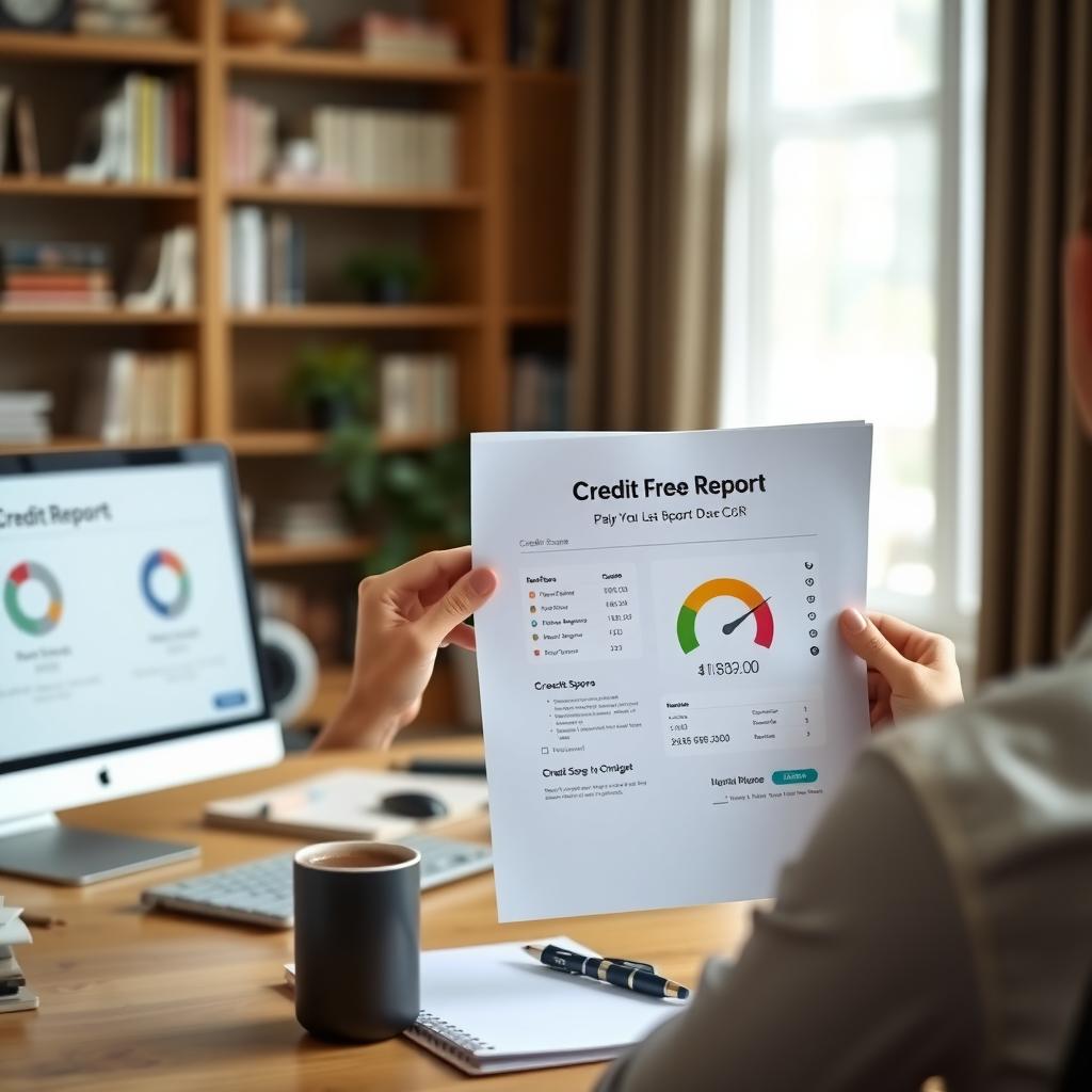 Person reviewing a credit report at a home office desk