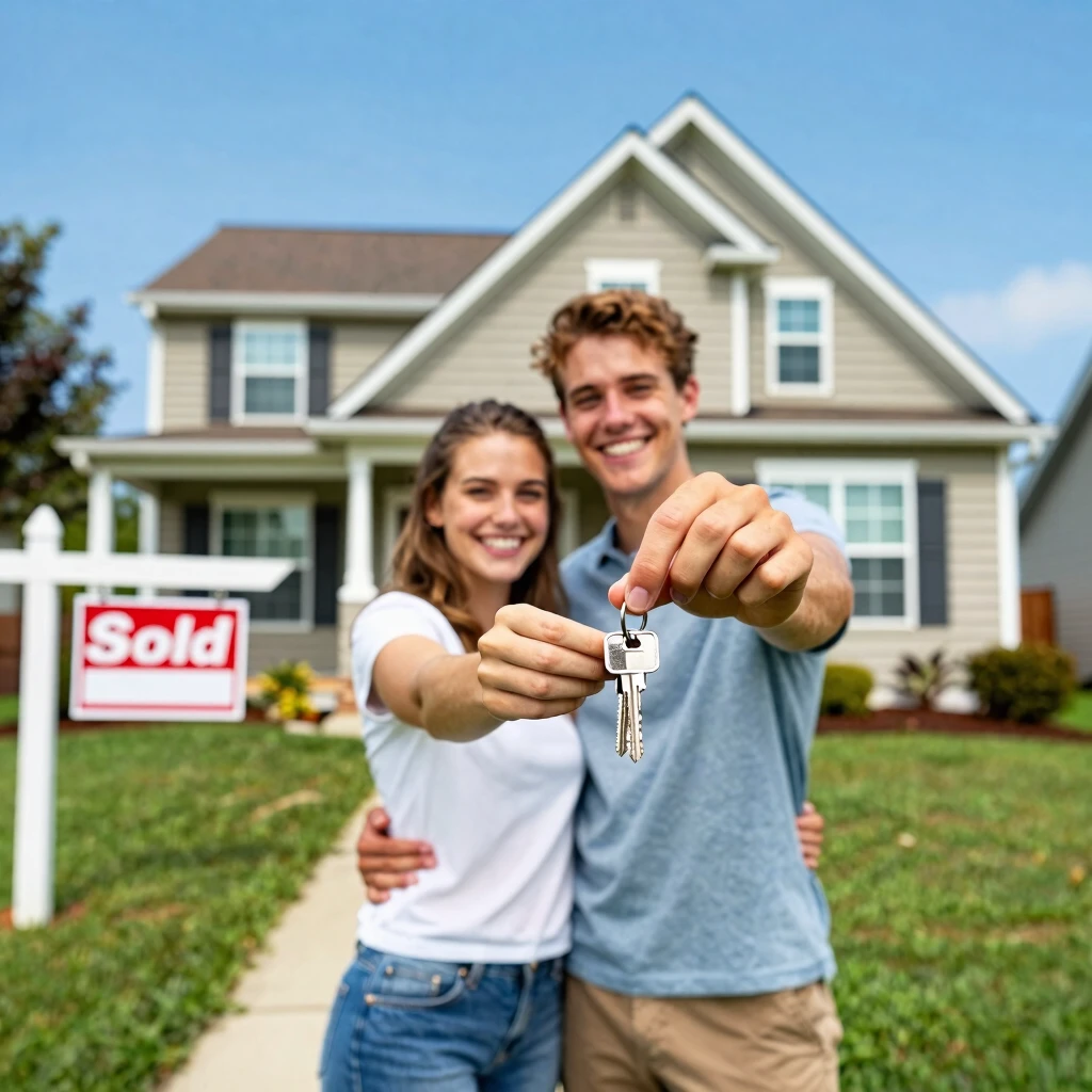 Young couple celebrating their first home purchase with keys in hand