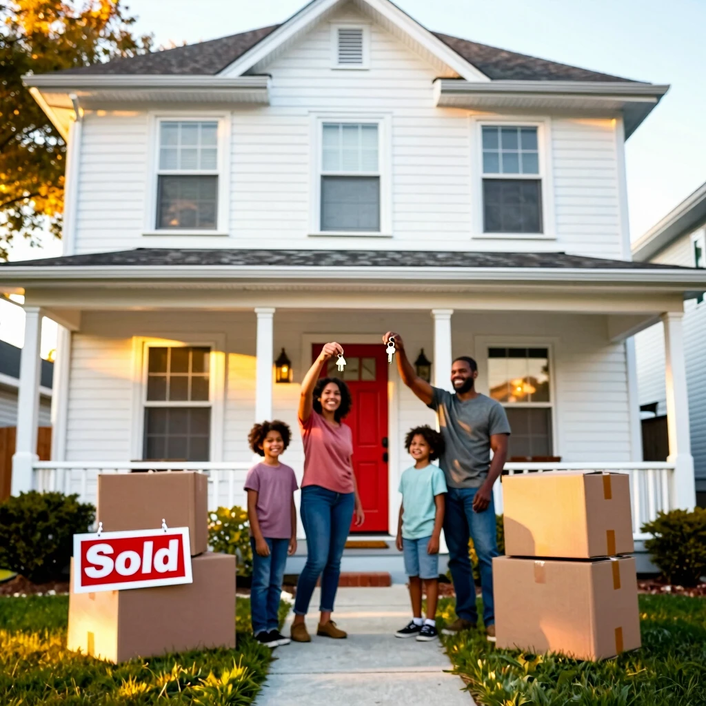 Happy family celebrating outside their newly purchased home