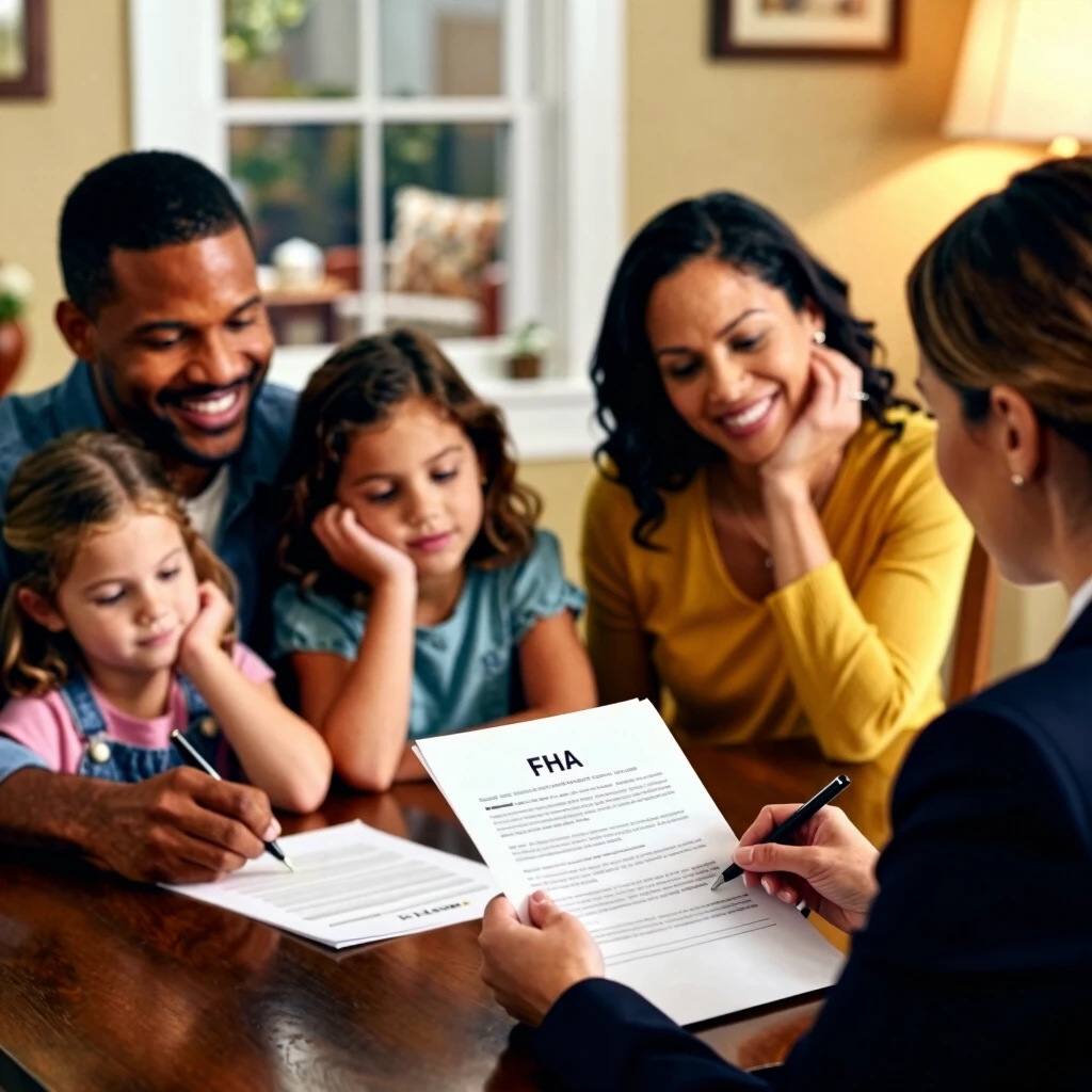 Family signing FHA loan documents at closing
