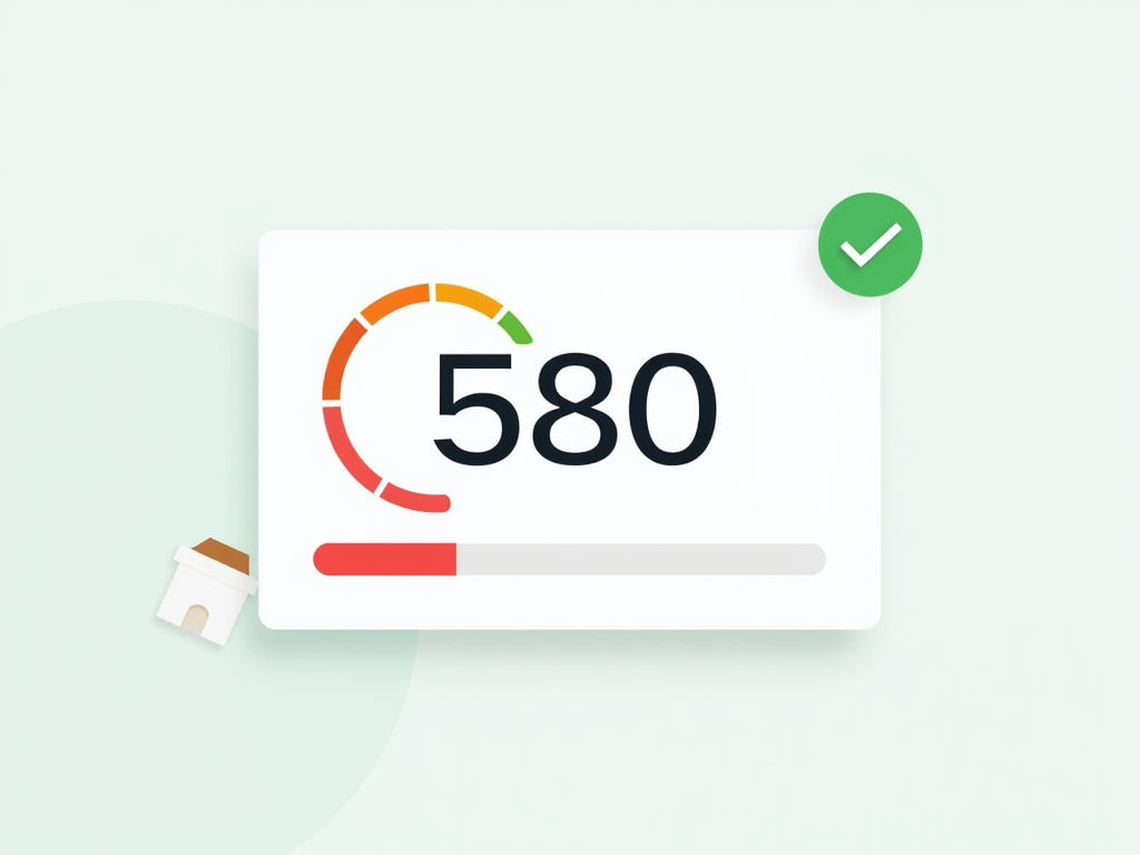 Credit score report with a score of 580 and a house icon.