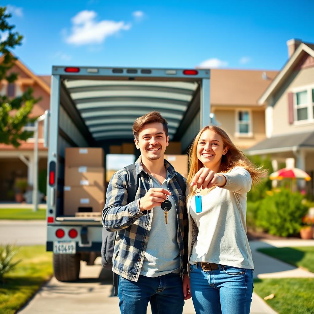 A young couple holding house keys and smiling in front of a moving truck in a sunny neighborhood.