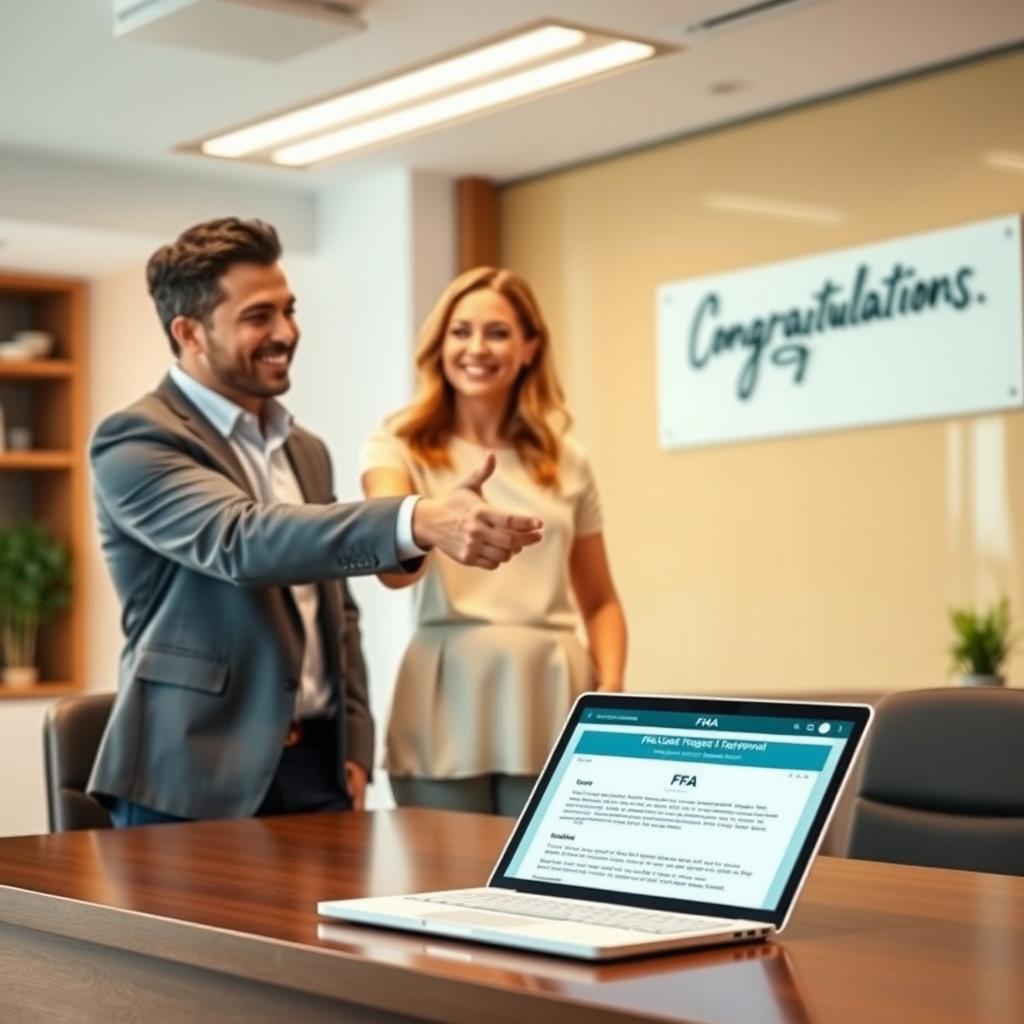 Couple shaking hands with lender over FHA loan approval