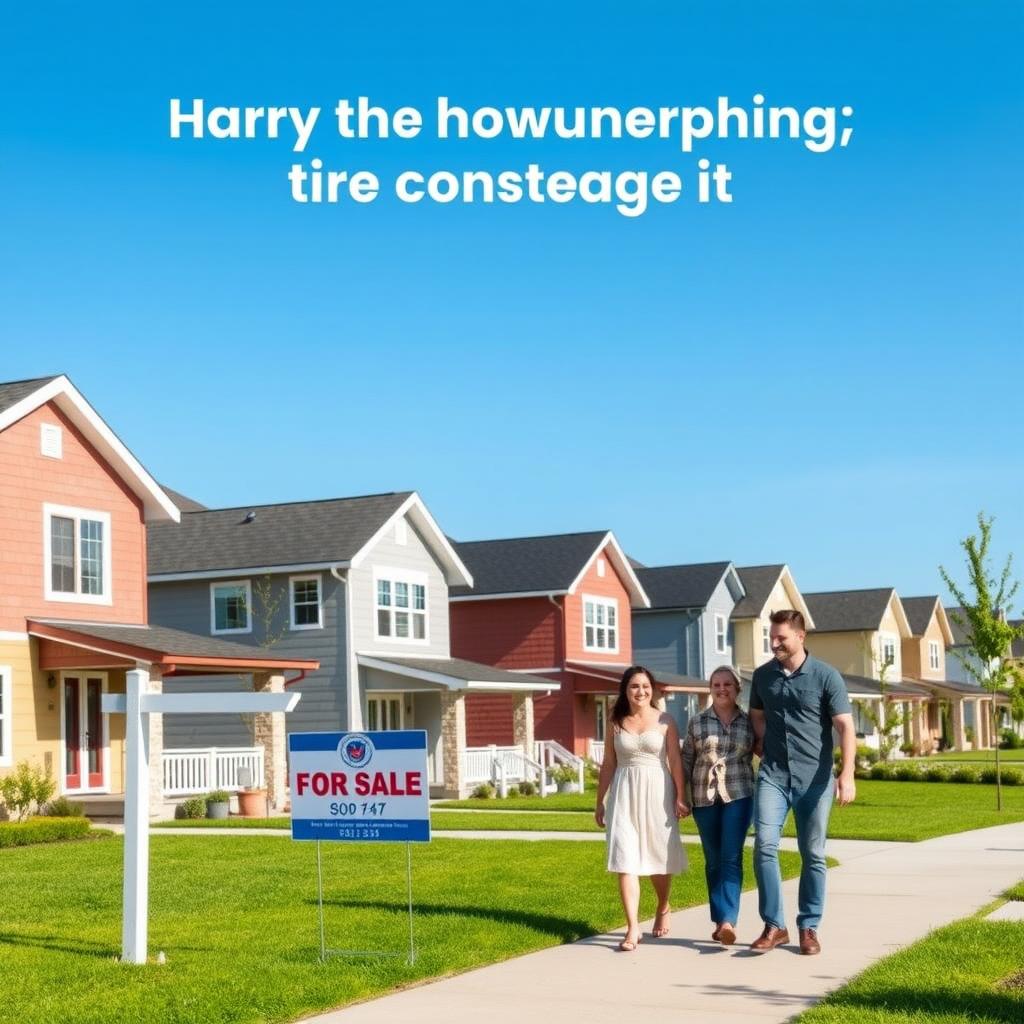 A suburban neighborhood with a 'For Sale' sign and a family walking, representing the goal of owning a home.