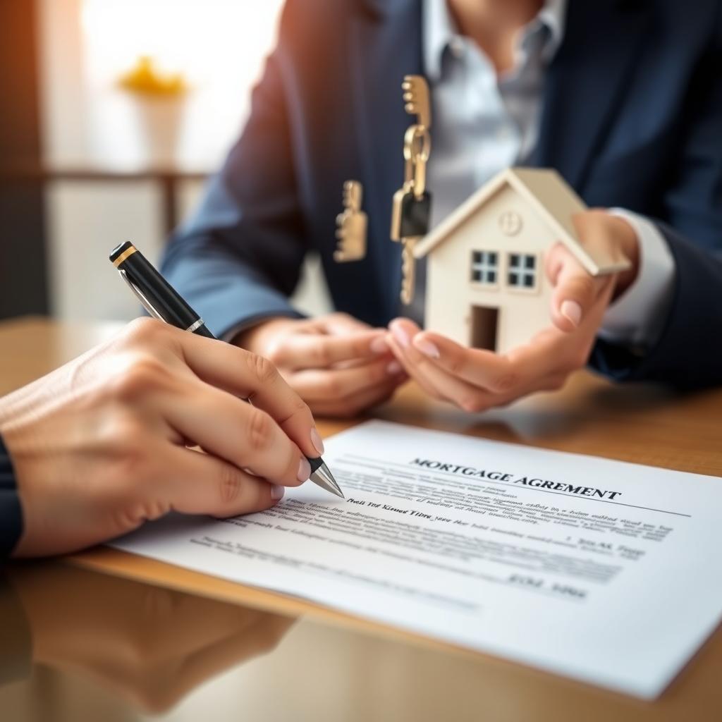 Signing a mortgage agreement with house keys being handed over