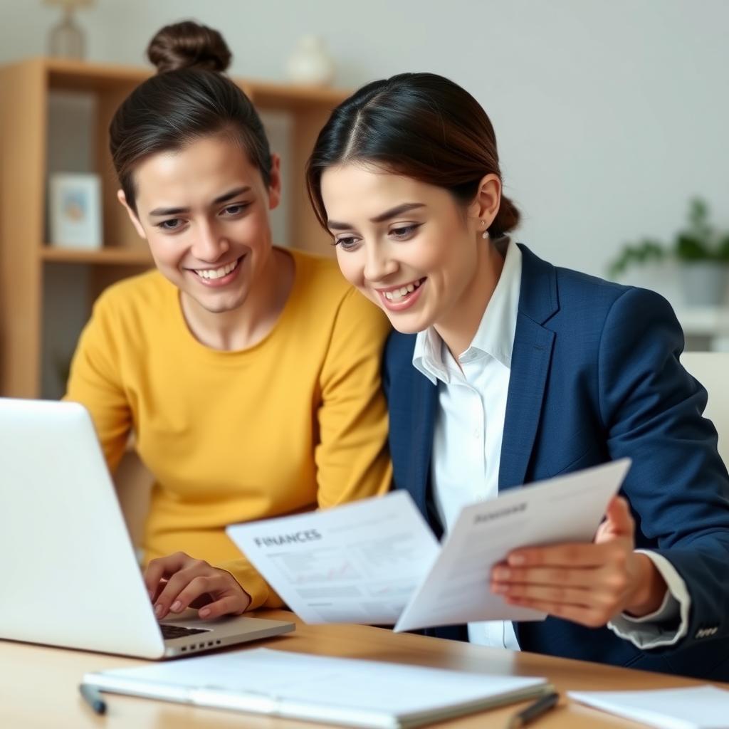 A couple at a table discussing their financial options with a laptop open and papers scattered.