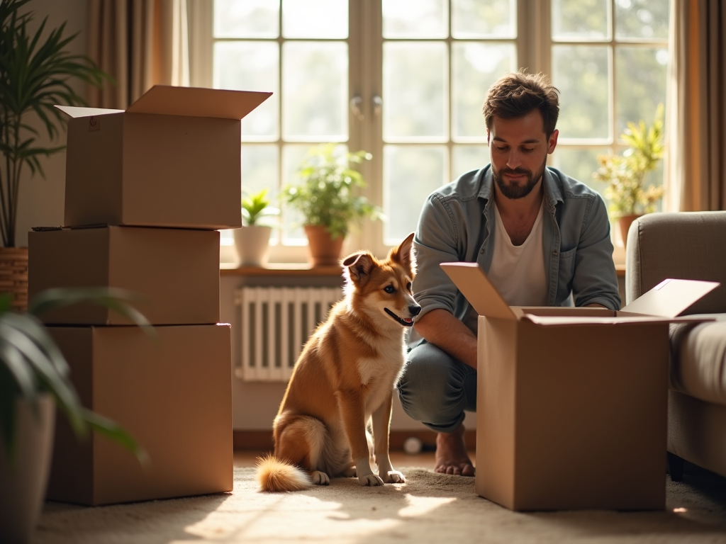 Man unpacking in new home with dog