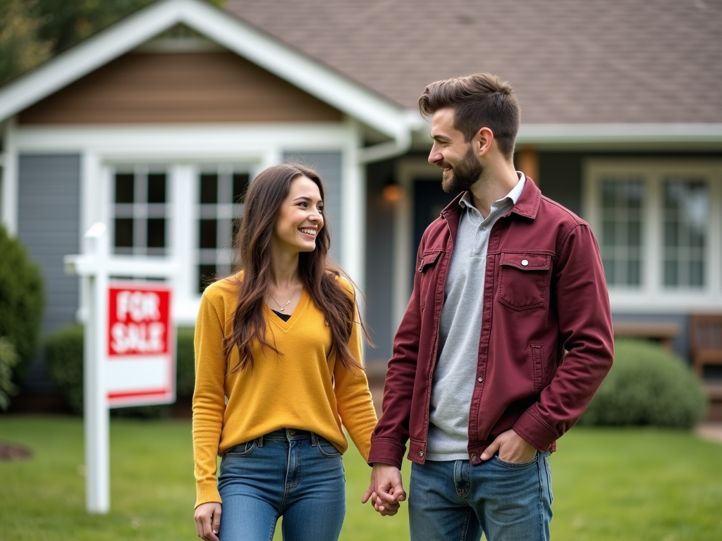 A couple in front of a house for sale