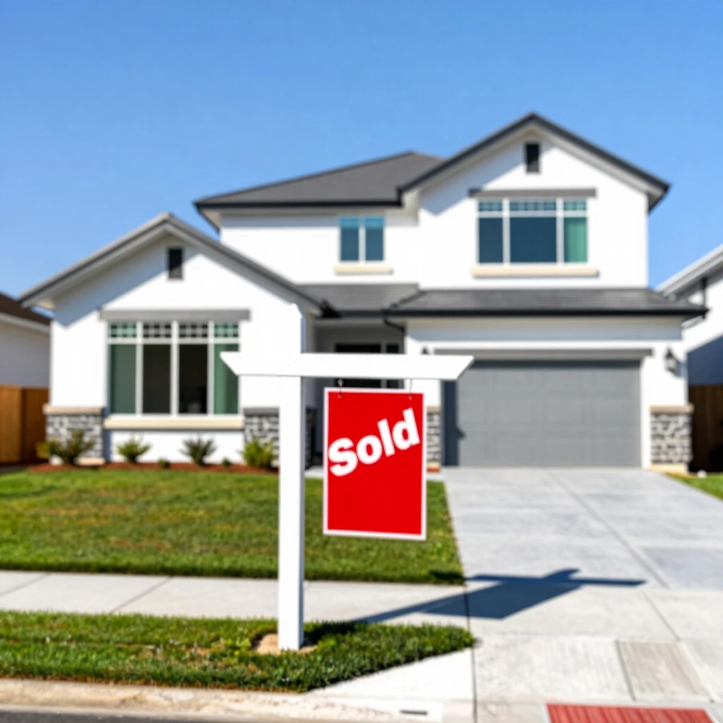 Modern suburban house with Sold sign in the front yard
