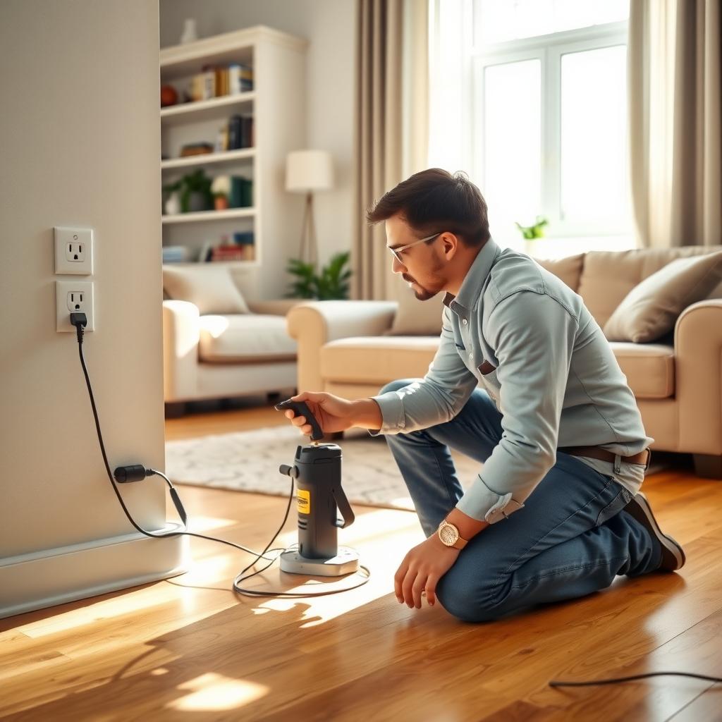 Home inspector testing an electrical outlet in a cozy living room.
