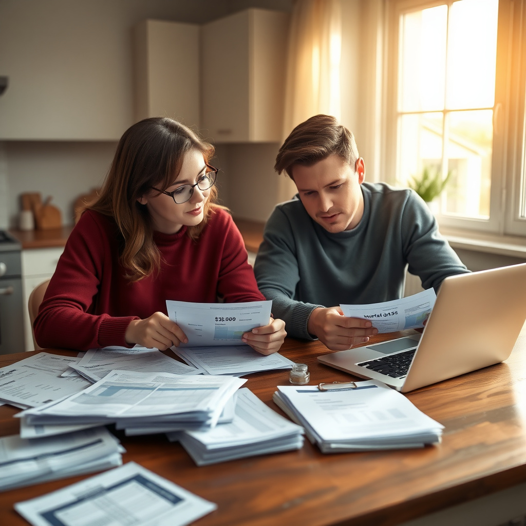 Couple preparing financial documents for mortgage pre-approval